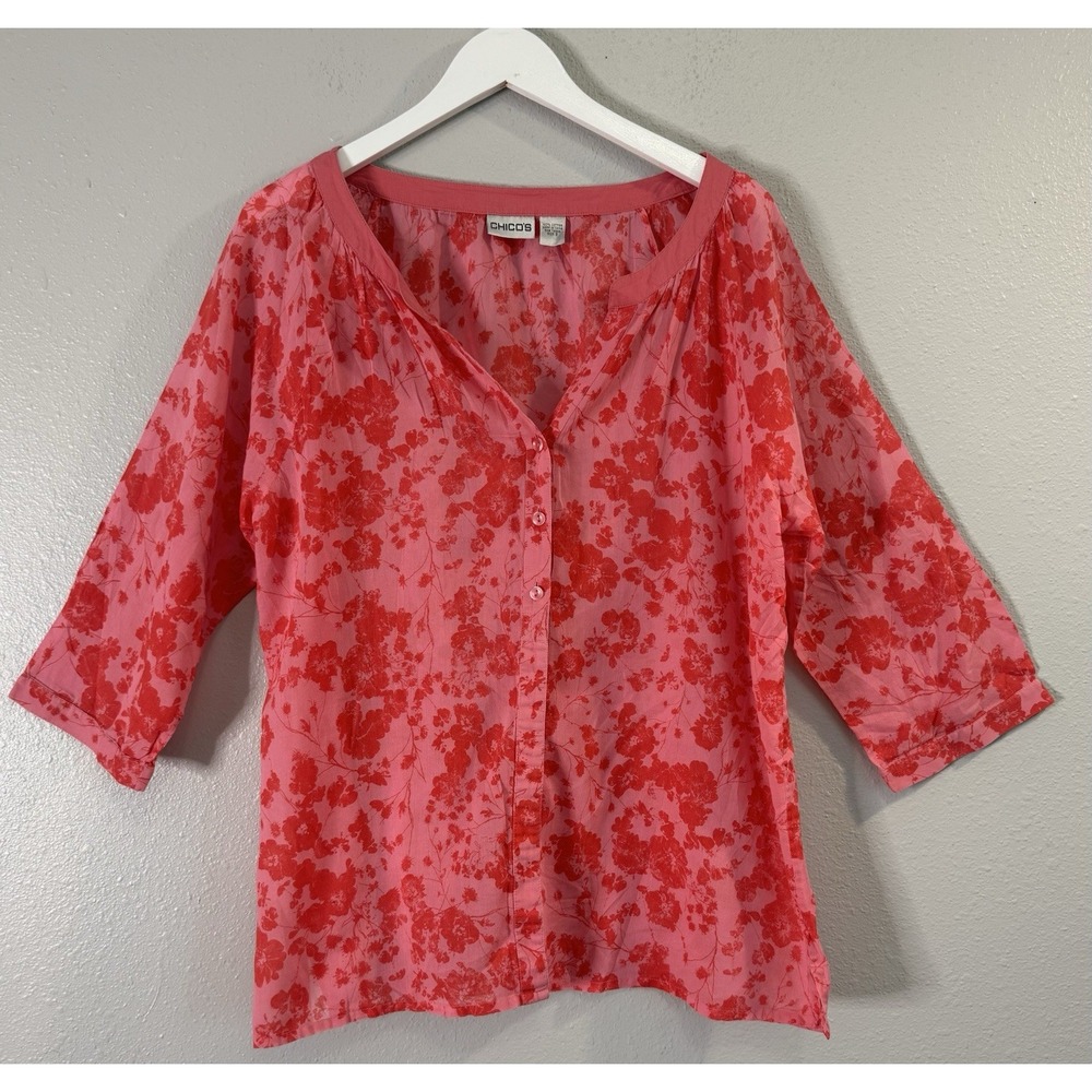 Boho Cotton Floral Button Front Blouse Pink Cottagecore 3/4 Sleeve Women's XL